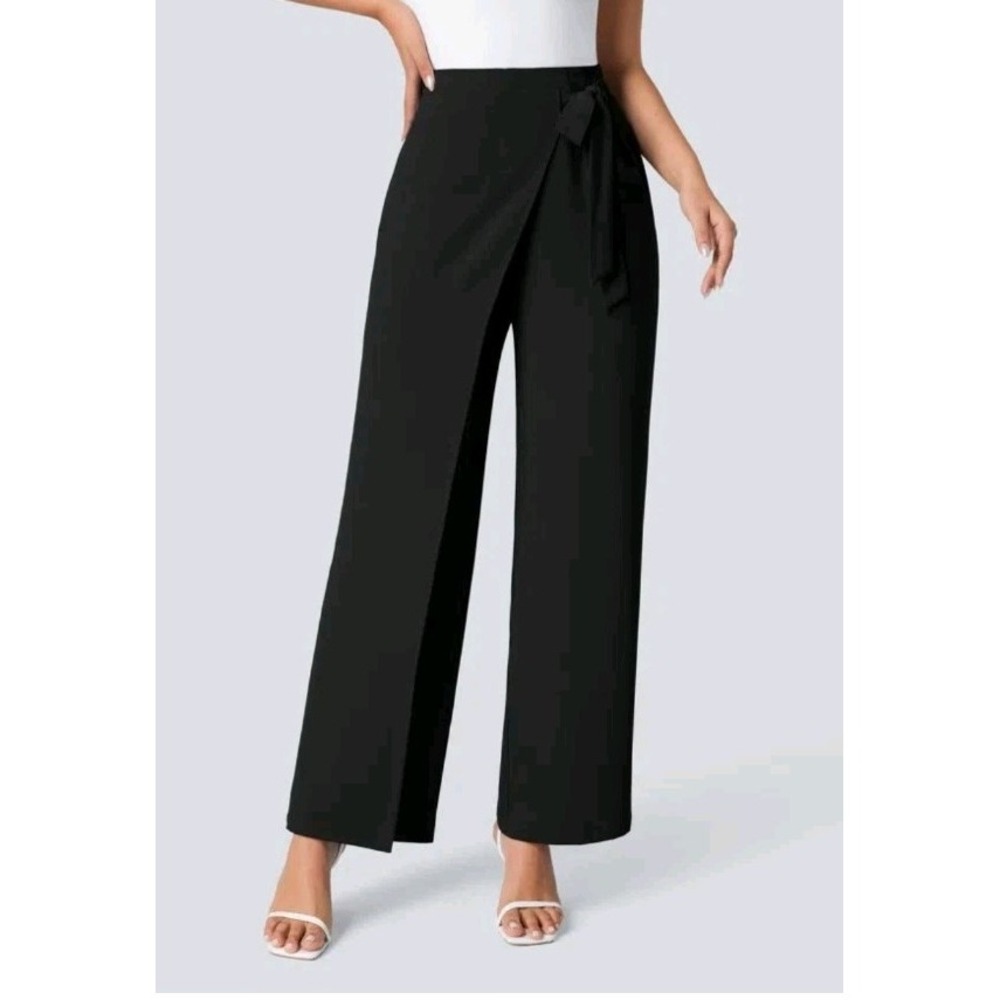 Halara High Waist Wide Leg Side Tie Skirt Overlay Pants Womens L Black NEW